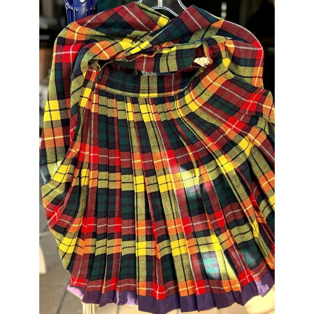 VTG Yellow Red Tartan Plaid Pleat Kilt Wrap Skirt Size XS/S Buckle Thru Closure